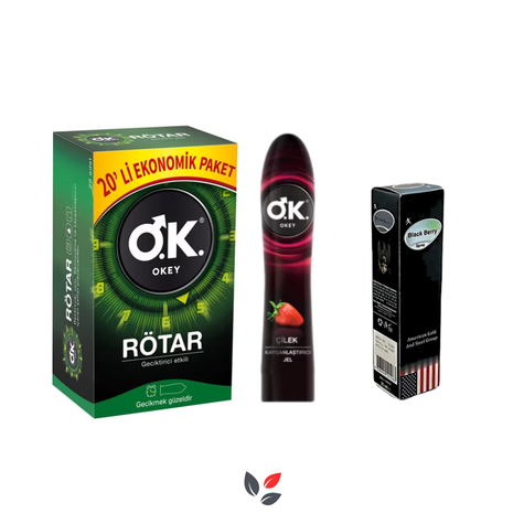 Okey Rötar Üçlü Avantaj Paketi (Prezervatif + Kayganlaştıcı Jel + Sprey)