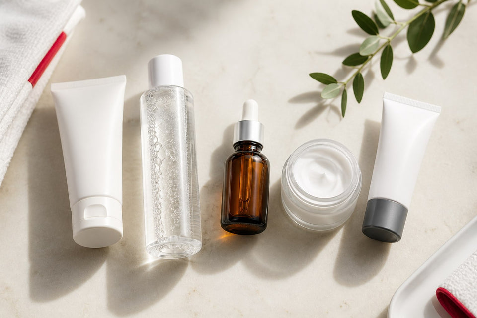 Günlük cilt bakım rutini için temizleyici serum ve nemlendirici ürünleri